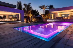 Imagem de uma piscina iluminada com luzes LED submersas, criando um ambiente relaxante e convidativo.