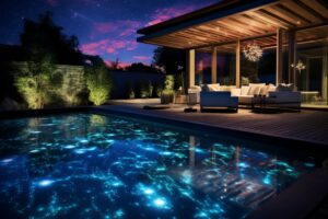 iluminação piscina fibra optica no quintal de casa em cenário noturno