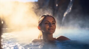 Mulher relaxando confortavelmente em piscina aquecida com trocador de calor para piscina.